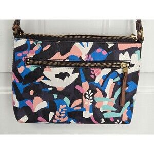 Fossil Fiona Small Crossbody Bag, colorful floral print on a black background.